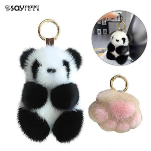 Mink Fur Panda Car Keychain Small Panda Plush Doll Women Bag Ornaments