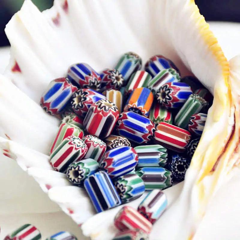 10 Safron Rainbow Barrel Hand Lampwork Beads Glaze Simulent Trade Beads
