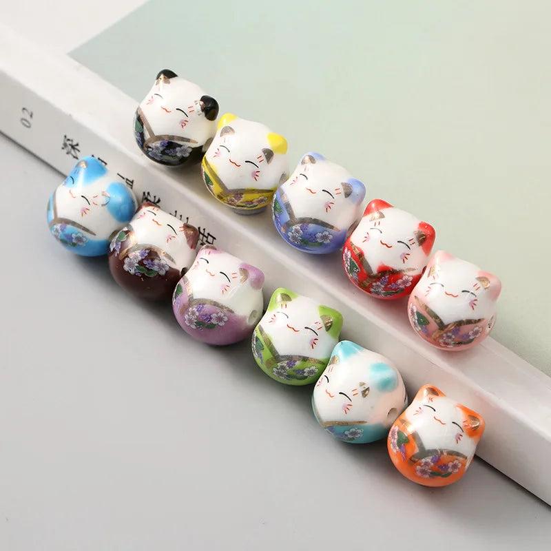 5pcs Hand Painted Lucky Cat Ceramic Beads 15mm Smile Kitten Head Bead