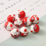 5pcs Hand Painted Lucky Cat Ceramic Beads 15mm Smile Kitten Head Bead
