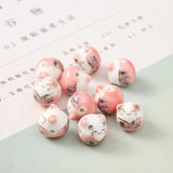 5pcs Hand Painted Lucky Cat Ceramic Beads 15mm Smile Kitten Head Bead