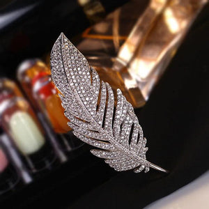 Dainty Silver Crystal Feather Brooch Zircon Stone Pin Dress Coat Accessory