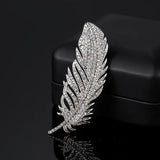 Dainty Silver Crystal Feather Brooch Zircon Stone Pin Dress Coat Accessory