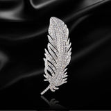 Dainty Silver Crystal Feather Brooch Zircon Stone Pin Dress Coat Accessory