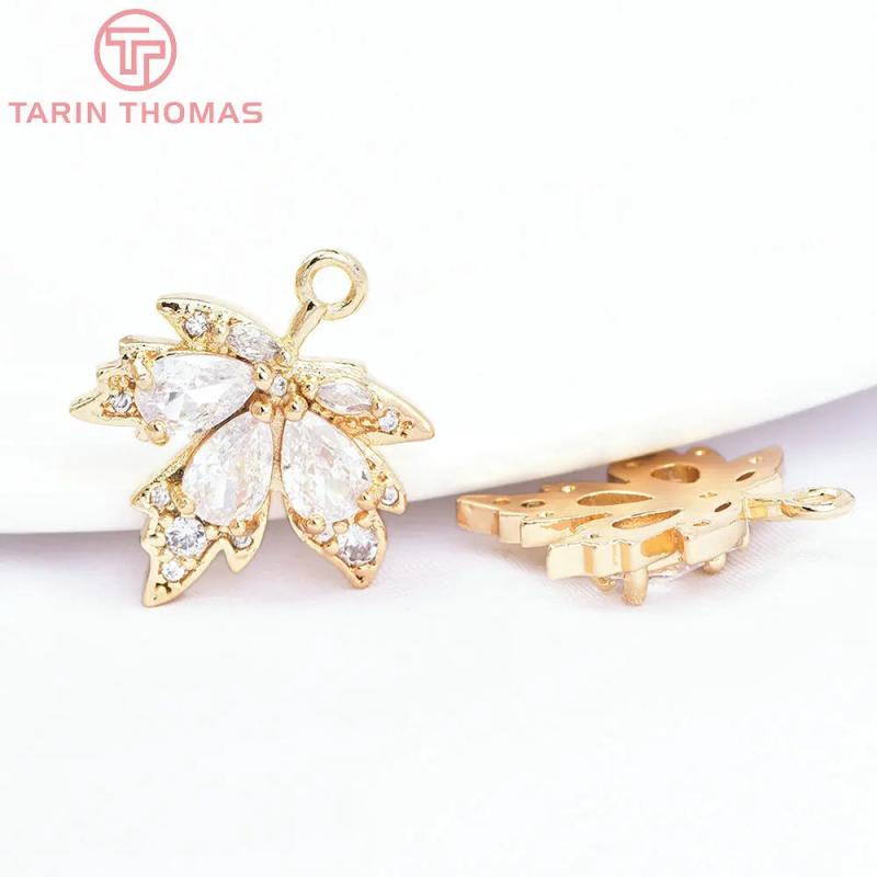 4PCS 17x20MM 24K Brass Glass Maple Leaves Charms Pendants