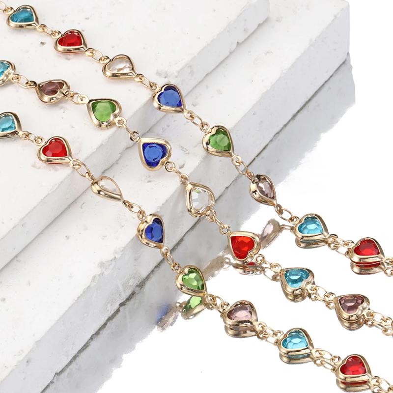 Crystal Bead Chains Love Heart Glass Round Beads Copper Chain