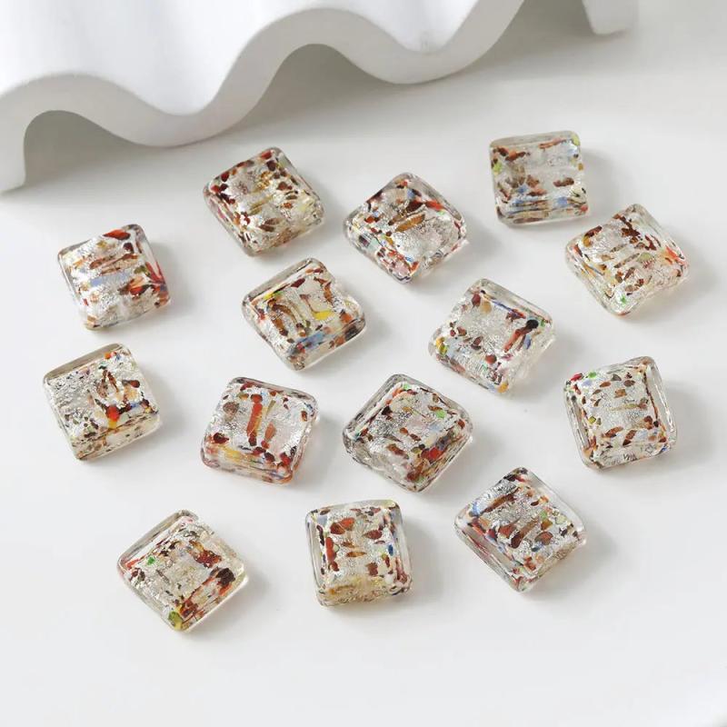 4PCS 17mm 11mm Square Glass Beads Silver Foil Loose Bead Pendant