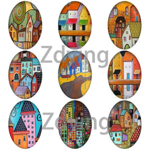 10pcs Colorful Town City House Oval Shape Glass Cabochons Beads