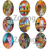 10pcs Colorful Town City House Oval Shape Glass Cabochons Beads