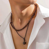 Stone & Wood Bead Necklace with Ball Pendant for Men