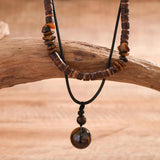 Stone & Wood Bead Necklace with Ball Pendant for Men