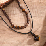 Stone & Wood Bead Necklace with Ball Pendant for Men
