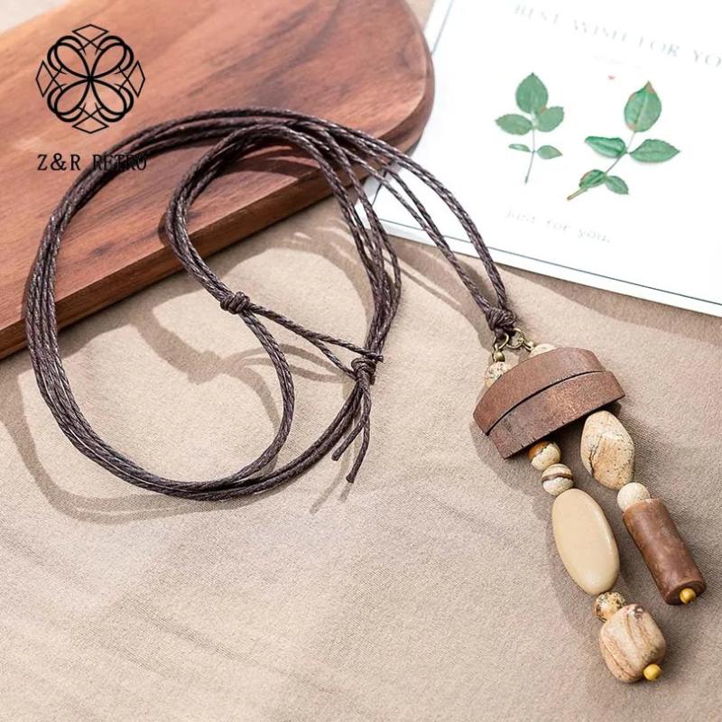Wooden Beads Stone Pendant Women Long Necklace Vintage Sweater Goth Chokers