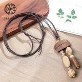 Wooden Beads Stone Pendant Women Long Necklace Vintage Sweater Goth Chokers