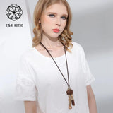 Wooden Beads Stone Pendant Women Long Necklace Vintage Sweater Goth Chokers
