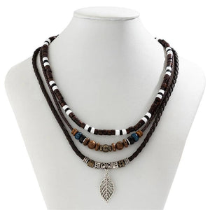 Vintage Leather Cord Necklace with Leaf Pendant & Wooden Beads