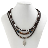 Vintage Leather Cord Necklace with Leaf Pendant & Wooden Beads
