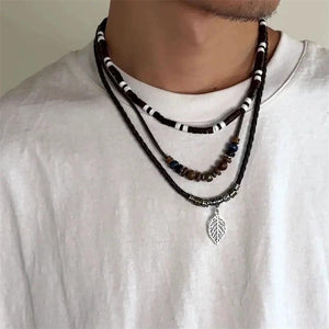 Vintage Leather Cord Necklace with Leaf Pendant & Wooden Beads