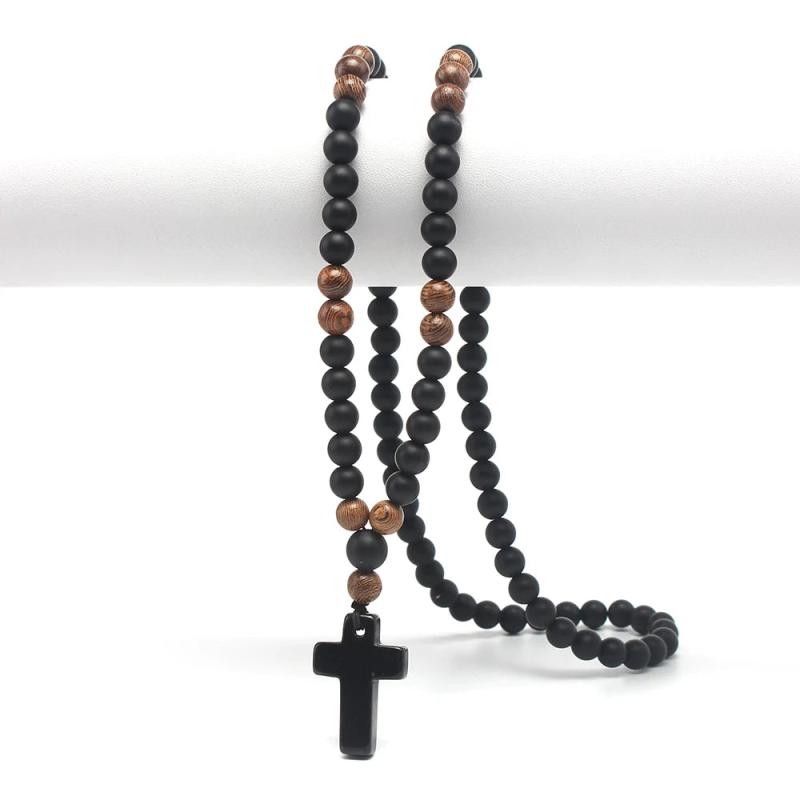Obsidian & Wood Beads Men's Necklace with Cross Pendant