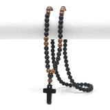 Obsidian & Wood Beads Men's Necklace with Cross Pendant