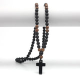 Obsidian & Wood Beads Men's Necklace with Cross Pendant