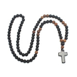 Obsidian & Wood Beads Men's Necklace with Cross Pendant