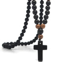 Obsidian & Wood Beads Men's Necklace with Cross Pendant