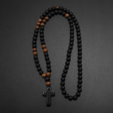 Obsidian & Wood Beads Men's Necklace with Cross Pendant