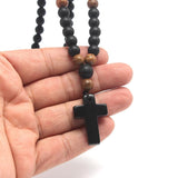Obsidian & Wood Beads Men's Necklace with Cross Pendant