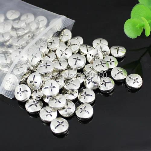 50pcs Tibetan Silver Flat Round Crosses Beads DIY-Accessory 4x10mm