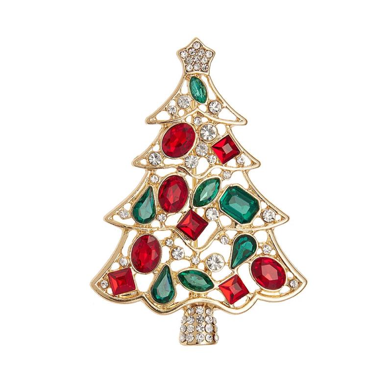 Christmas Tree Brooch w/ Colored Rhinestones