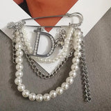 Crystal Letter D Pearl Chain Tassel Brooches for Women
