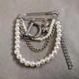Crystal Letter D Pearl Chain Tassel Brooches for Women