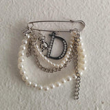 Crystal Letter D Pearl Chain Tassel Brooches for Women