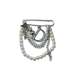 Crystal Letter D Pearl Chain Tassel Brooches for Women