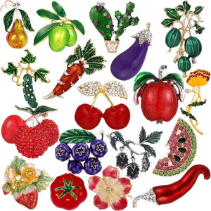 Enamel Cherry Plant Fruit Brooch Vintage Crystal Pearl Lady Jewelry