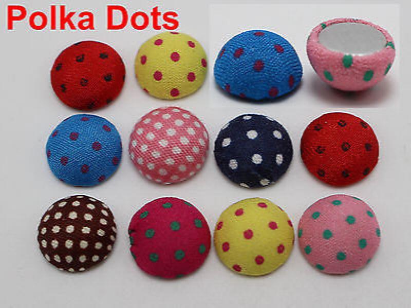 50 Fabric Covered Round Buttons 11mm Half Ball Mixed Flatback Polka Dots