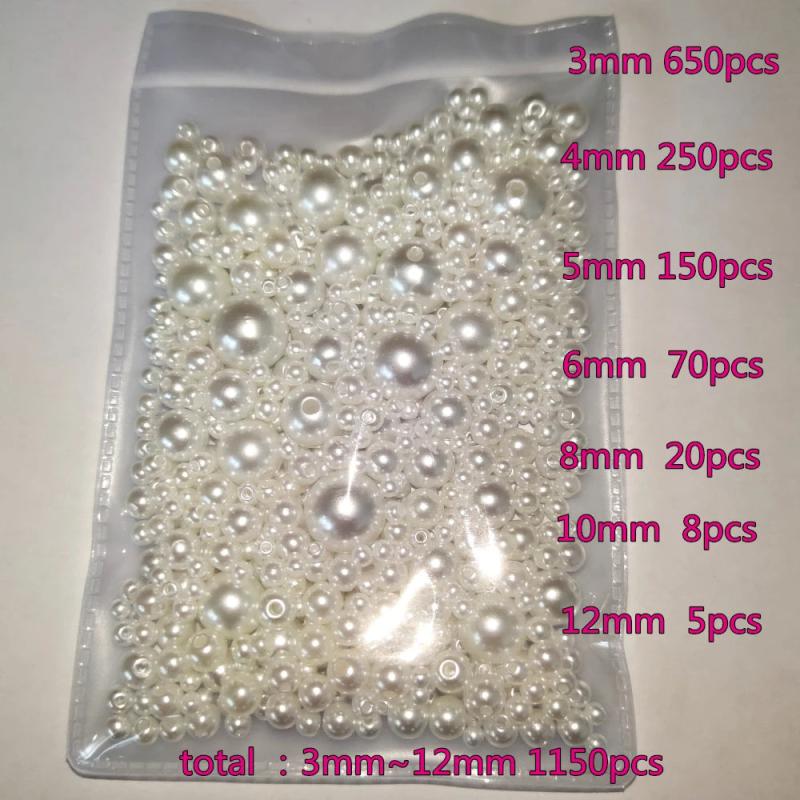3-12mm Mix size 1150pcs White Pearl Straight Hole Round Beads