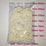 3-12mm Mix size 1150pcs White Pearl Straight Hole Round Beads