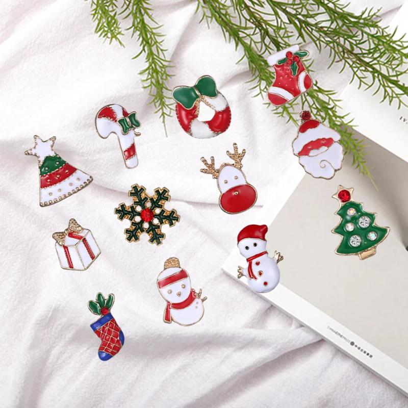 12pcs Christmas Brooches Mixed Santa Socks Tree Collar Badges Lapel Pin