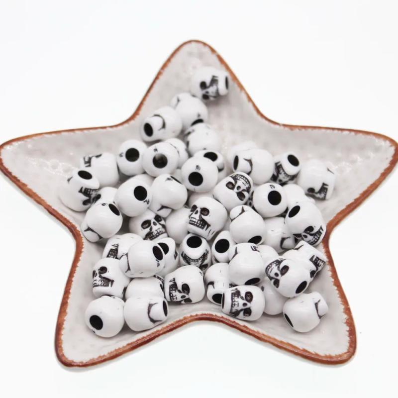 50Pcs Skull Big Hole Beige Acrylic Spacer Beads DIY Jewelry Making