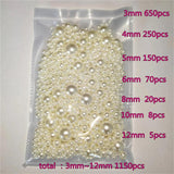 1150pcs Mixed Size Pearl White Plastic Pearl Beads 3-12mm Straight Hole Round