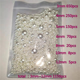 1150pcs Mixed Size Pearl White Plastic Pearl Beads 3-12mm Straight Hole Round