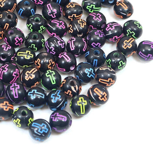 Neon Cross Pattern Acrylic Round Beads 6mm-10mm for Kids Craft
