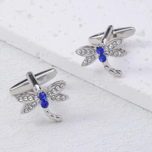 Dragonfly & Clear Crystal Cufflinks Pair for Shirt Suit Tuxedo Blouse
