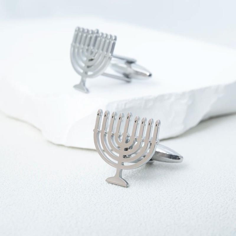 Jewish Menorah Cufflinks Stainless Steel Shirt Suit Buttons God Shabbat Wedding