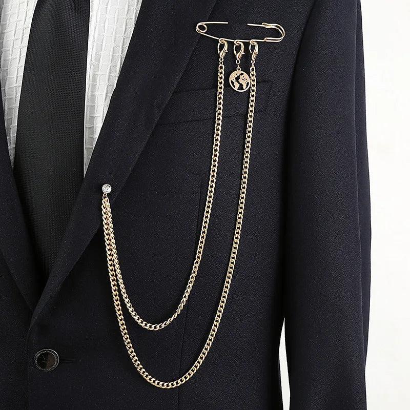 Exaggerated Chain Brooch for Men Long Chains Pins Suit Accessories