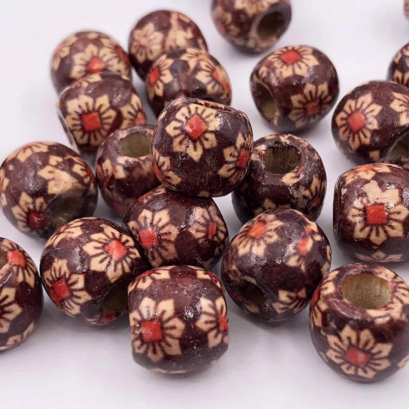 50PC 16x17mm Flower Painted Leopard Drum Wood Bead Big Hole:7mm DIY