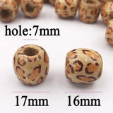 50PC 16x17mm Flower Painted Leopard Drum Wood Bead Big Hole:7mm DIY