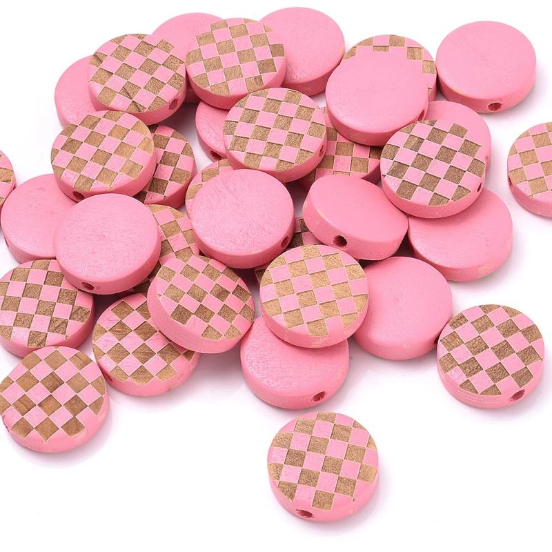 15mm Flat Round Wooden Beads Multicolor Checkered Spacer Beads